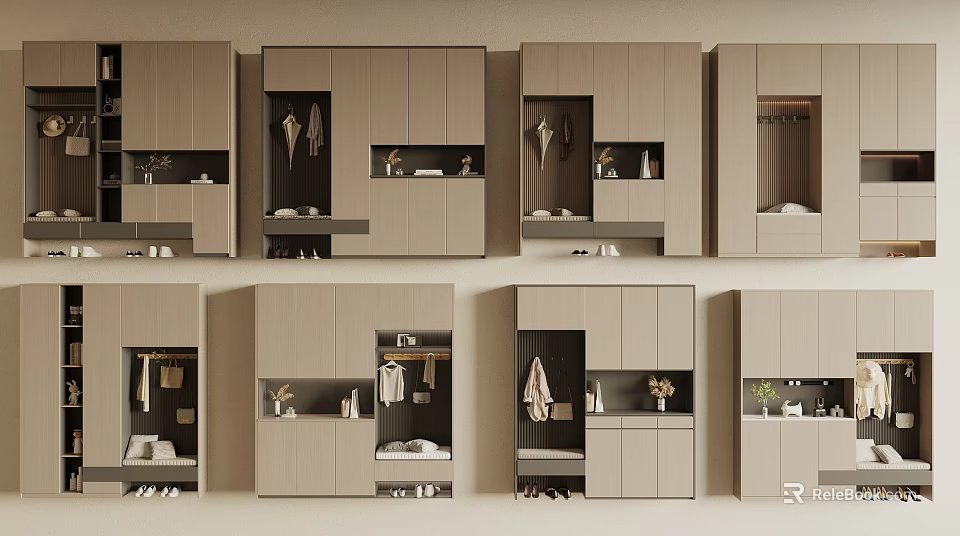 Modern Beige Shoe Cabinets with Organized Storage Shelves and Hanging Hooks Design 3d model 