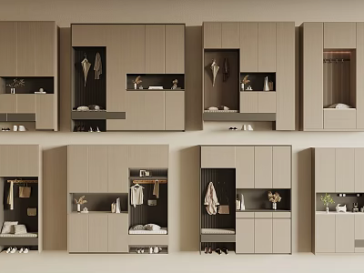 Modern Beige Shoe Cabinets with Organized Storage Shelves and Hanging Hooks Design 3d model