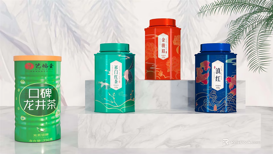 Decorative Ornament Set with Colorful Tea Tins on White Marble Stand and Foliage Accent 3d model 