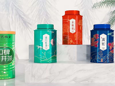 Decorative Ornament Set with Colorful Tea Tins on White Marble Stand and Foliage Accent 3d model