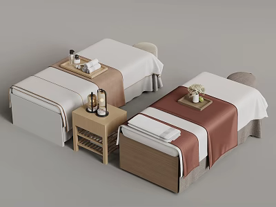 Relaxing Massage Room Setup With Two Beds Side Tables Towels And Bottles 3d model