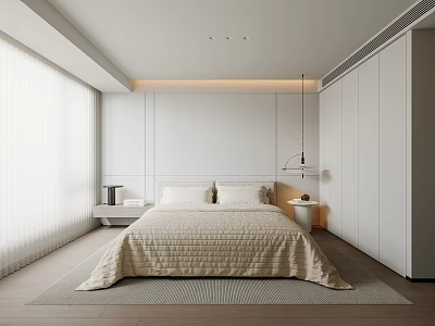 Modern Minimalist Bedroom Interior Design With White Walls Curtains Pendant Light And Wardrobe 3d model
