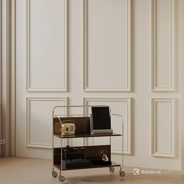 Modern Brown Side Table With Metal Frame And Radio Tablet On White Paneled Wall Background 3d model 