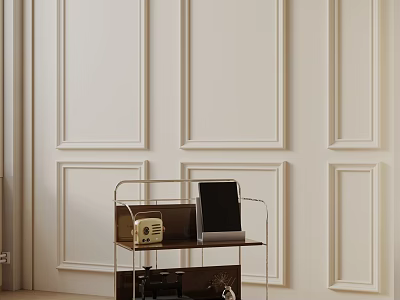 Modern Brown Side Table With Metal Frame And Radio Tablet On White Paneled Wall Background 3d model