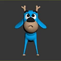 Blue Cartoon Dog Character with Antlers and Surprised Expression 3D Model for Game Animated Film
