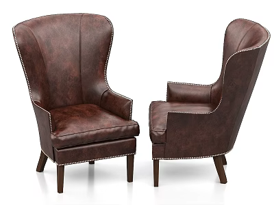 Brown Leather Armchair with Stitched Details and Wooden Legs Classic Design 3d model