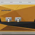 Yellow Geometric Pattern Background Wall With JoyHarvest Logo And Black Reception Desk Two Apple Computers 3d model