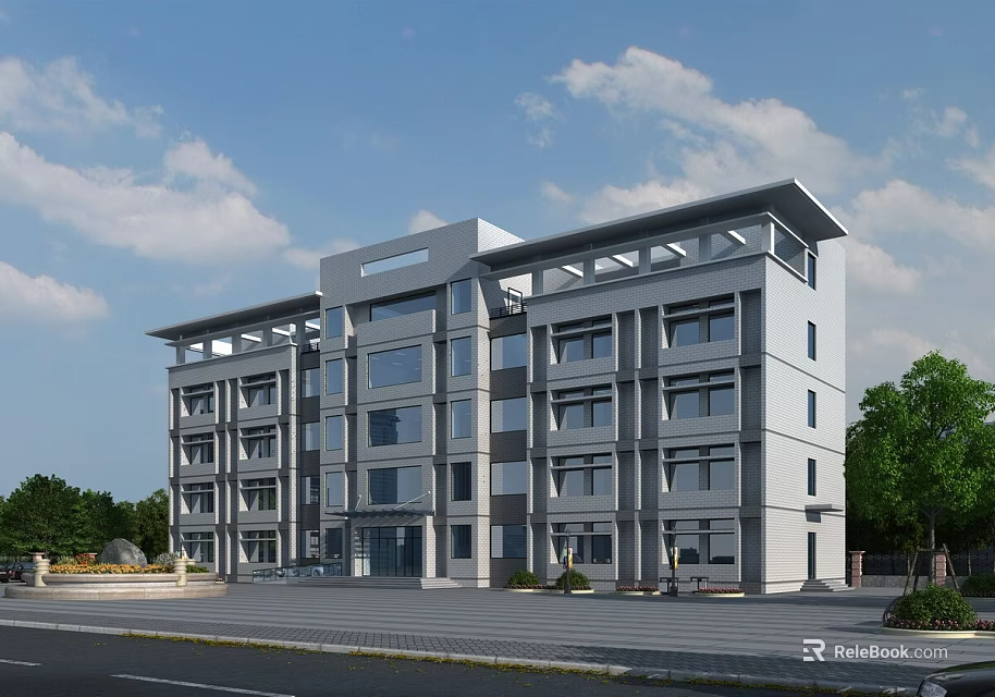 Modern Office Building Exterior With Glass Facade Large Windows And Roadside Greenery 3d model 
