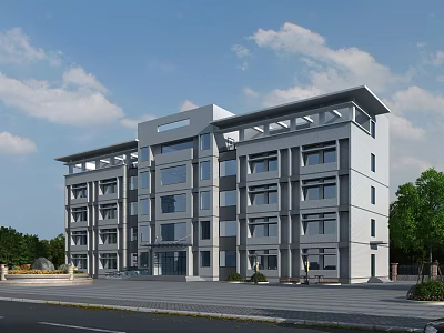 Modern Office Building Exterior With Glass Facade Large Windows And Roadside Greenery 3d model