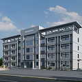 Modern Office Building Exterior With Glass Facade Large Windows And Roadside Greenery