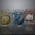 Three Industrial Equipment Units With Colored Metal Frames And Caged Containers