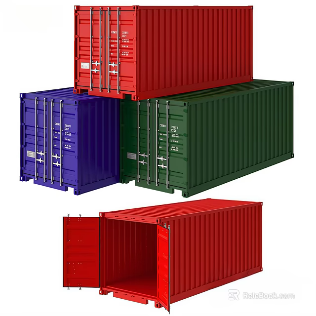 Multicolored Industrial Shipping Containers Stacked And Single With Open Closed Doors 3d model 