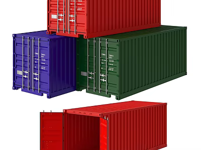 Multicolored Industrial Shipping Containers Stacked And Single With Open Closed Doors 3d model