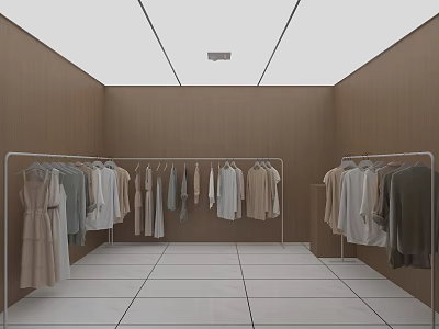 Modern Clothing Store Interior With Clothing Racks Hanging Clothes And Wooden Walls White Tiled Floor 3d model