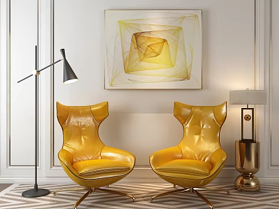 Elegant Two Yellow Armchairs With White Wall Painting Floor Lamp And Table Lamp 3d model