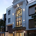 Detached Villa With Arched Glass Window Circular Ornament White Brown Facade And Illuminated Lights