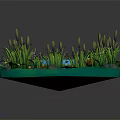 Lush Natural Pond Scene With Tall Reeds Lily Pads Green Plants Rocks And Small Boat