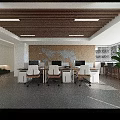 Modern Office Desk Setup With Multiple Monitors White Chairs With Brown Seats And Pen Holder