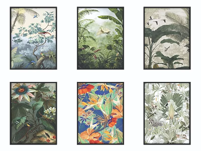 Six Different Botanical Paintings Featuring Tropical Plants Leaf And Floral Designs 3d model
