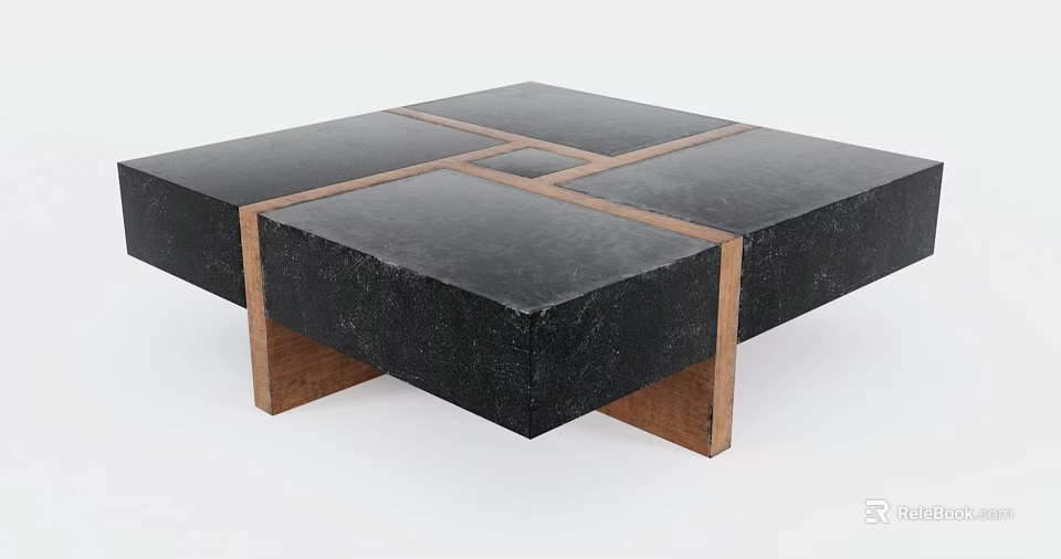 Modern Coffee Table With Black Stone Top And Wooden Cross Inlays Design 3d model 