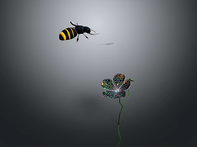 Black and Yellow Bee Flying Towards Colorful Shiny Flower on Gray Background 3d model