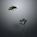 Black and Yellow Bee Flying Towards Colorful Shiny Flower on Gray Background