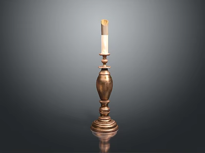 Decorative Brass Candlestick With Tall Design And Lit Candle On Black Surface 3d model