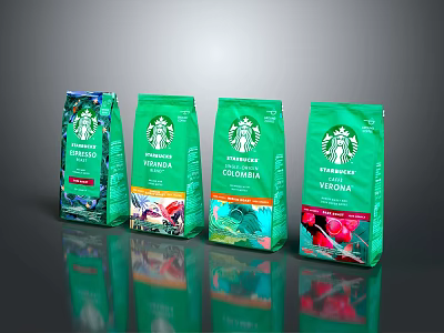 Starbucks Coffee Beans Collection With Green Packaging Featuring Ethiopia Colombia Verona 3d model