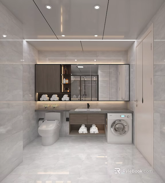 Modern Bathroom Interior With Large Mirror Sink Counter Toilet And Washing Machine 3d model 