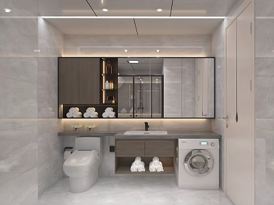 Modern Bathroom Interior With Large Mirror Sink Counter Toilet And Washing Machine 3d model