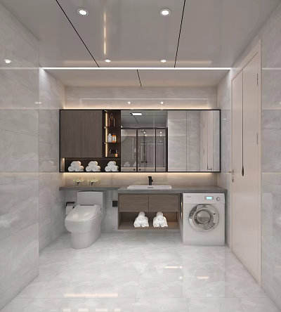 Modern Bathroom Interior With Large Mirror Sink Counter Toilet And Washing Machine 3d model