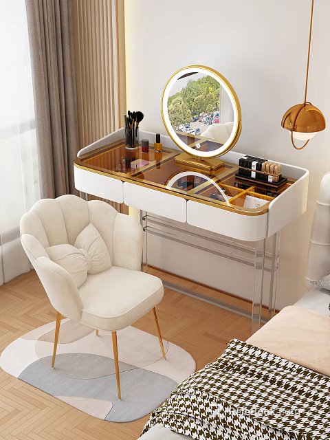 White Gold Vanity Table with Glass Top Round Mirror Drawers and Cosmetics in Bedroom Velvet Chair 3d model 