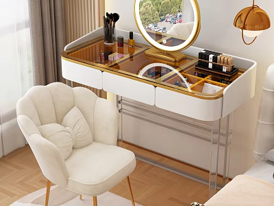 White Gold Vanity Table with Glass Top Round Mirror Drawers and Cosmetics in Bedroom Velvet Chair 3d model