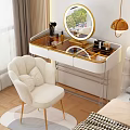 White Gold Vanity Table with Glass Top Round Mirror Drawers and Cosmetics in Bedroom Velvet Chair