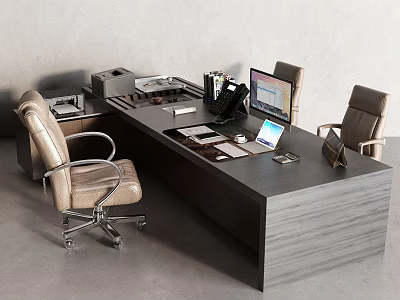 Modern Dark Wooden Office Desk With Leather Office Chairs Laptop And Documents 3d model