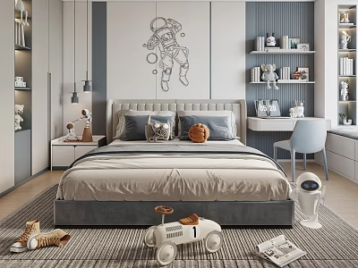 Modern Kids Bedroom Design With Astronaut Wall Art And Toys 3d model
