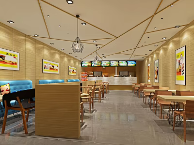 Modern Restaurant Interior With Wooden Tables Blue Booths Ceiling Design And Pendant Lights 3d model