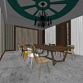 Private Dining Box Interior Featuring Long Wooden Table Colorful Chairs And Green Circular Ceiling