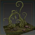 Green Spiral Vines with Thorns and Small Mushrooms in Dark Background 3d model