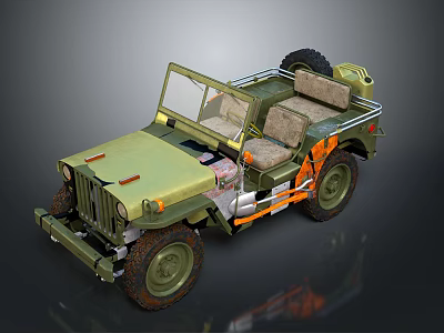 Classic Green Jeep With Open Top Orange Accents Spare Tire And Retro Style 3d model