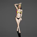 Woman in Black and Yellow Bikini Posing with One Hand on Head Against Grey Background