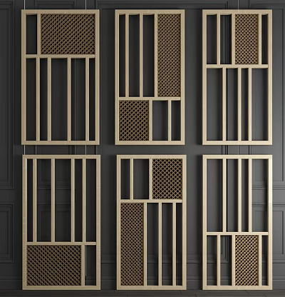 Modern Room Dividers With Golden Frames And Intricate Grille Patterns 3d model