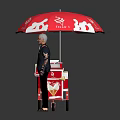 Red Ice Cream Cart Featuring Red Umbrella With White Patterns And Rolling Wheels