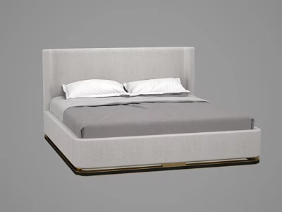 Modern Minimalist Double Bed With Upholstered Headboard Light Frame And Golden Base Trim 3d model