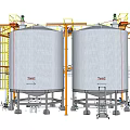 Large Industrial Storage Tanks With Orange Metal Frames Ladders And Pipes For Industry