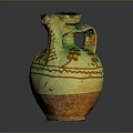 Hand Carved Ancient Pottery Jug With Green Yellow Glaze Floral Patterns Bird Head Spout Handle Design