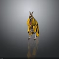 Kangaroo Standing Wearing Yellow Cloak And Red Bead Necklace Against Gray Background With Floor Reflection