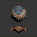 Blue And White Hot Air Balloon With Red Flag Yellow Symbols Small Wings And Wooden Basket