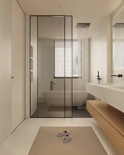 Modern Bathroom Interior With Glass Partition Bathtub Vanity And Window Blinds 3d model