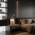 Contemporary Dark Toned Bedroom Interior With Comfortable Bed Bookshelf Window Chair And Ceiling Lighting